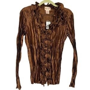 NWT Toffee Apple Brown Crumple Satin Ruffle Stretch Long Sleeve Blouse Medium‎